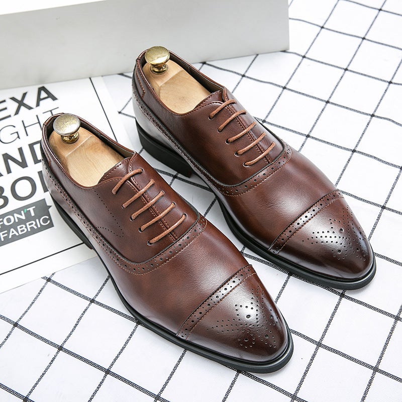 Retro British Style Men'S Pointed Toe Business Formal Leather Shoes New Lace-Up Brogue Flower Men'S Shoes Trendy Men - Image 3