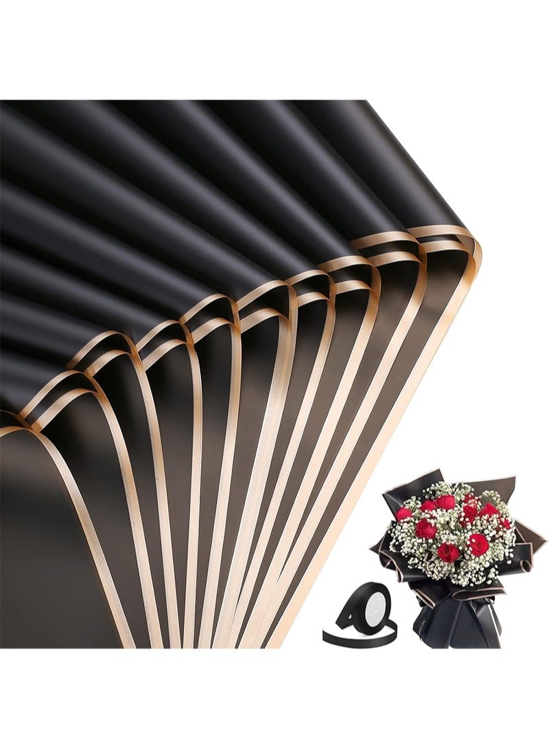 Aikanbo 20 Sheets Gold Edge Flower Wrapping Paper，Waterproof Flower Wrapping Material with Ribbon，Florist Bouquet Supplies，DIY Craft Gift Wrapping (Black) - Image 1