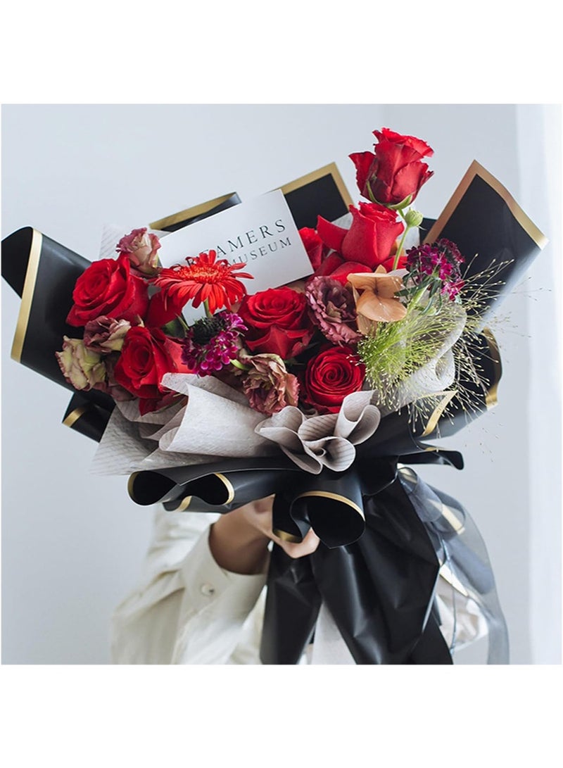 Aikanbo 20 Sheets Gold Edge Flower Wrapping Paper，Waterproof Flower Wrapping Material with Ribbon，Florist Bouquet Supplies，DIY Craft Gift Wrapping (Black) - Image 5