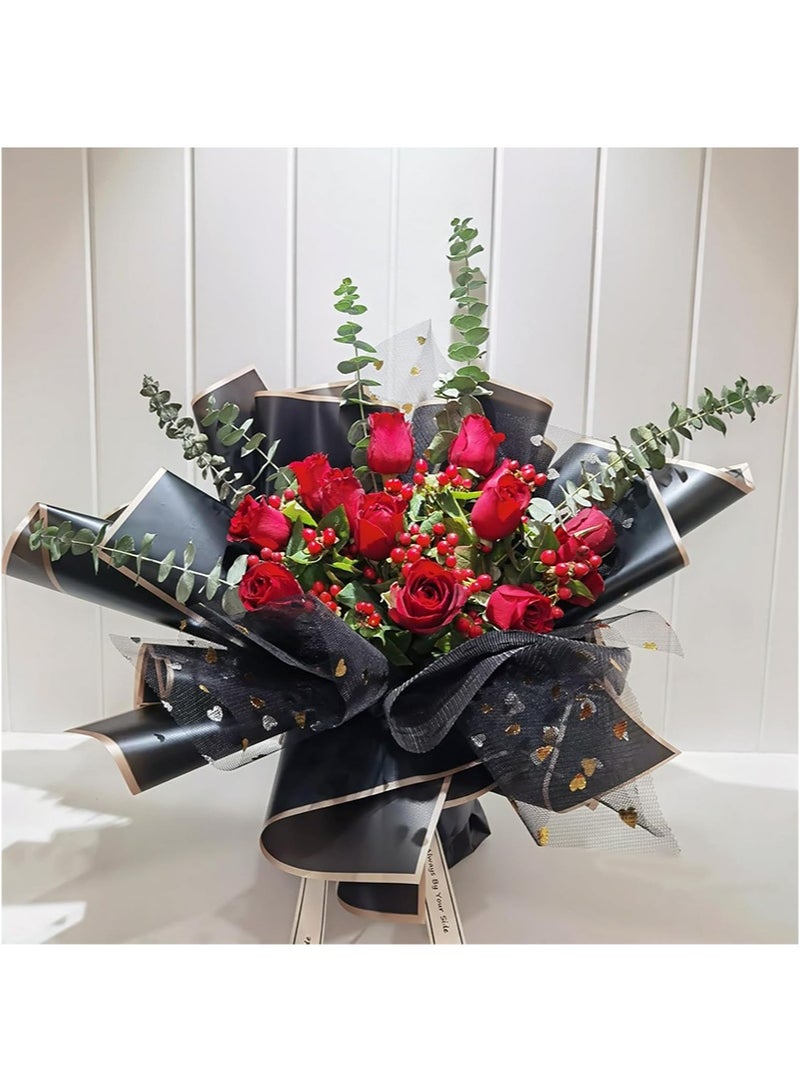 Aikanbo 20 Sheets Gold Edge Flower Wrapping Paper，Waterproof Flower Wrapping Material with Ribbon，Florist Bouquet Supplies，DIY Craft Gift Wrapping (Black) - Image 4