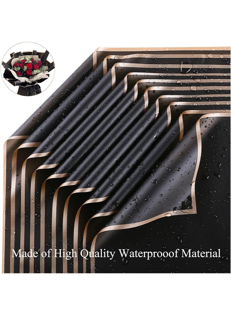 Aikanbo 20 Sheets Gold Edge Flower Wrapping Paper，Waterproof Flower Wrapping Material with Ribbon，Florist Bouquet Supplies，DIY Craft Gift Wrapping (Black) - Image 3