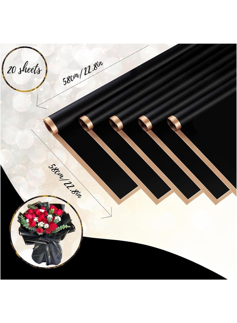 Aikanbo 20 Sheets Gold Edge Flower Wrapping Paper，Waterproof Flower Wrapping Material with Ribbon，Florist Bouquet Supplies，DIY Craft Gift Wrapping (Black) - Image 2