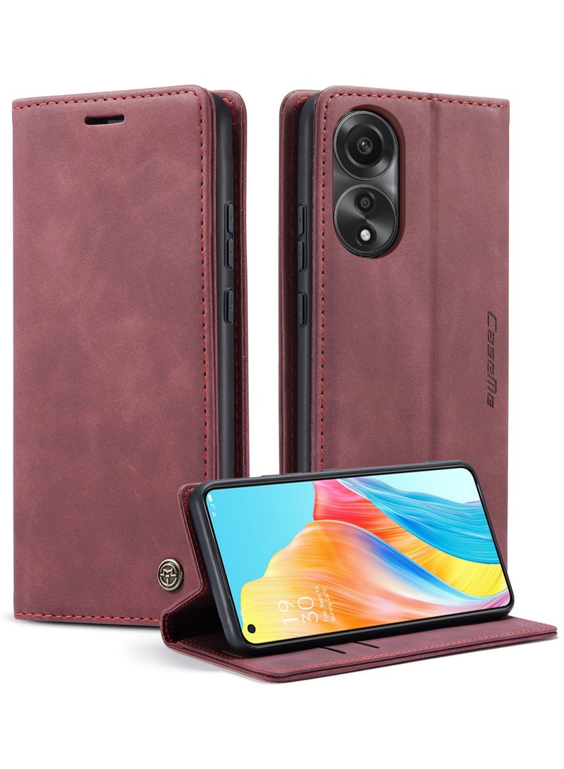 CaseMe Oppo A78 4G Wallet Case Book Folding Flip Folio Case with Magnetic Kickstand Card Slots Protective Cover - Wine Red - Image 1