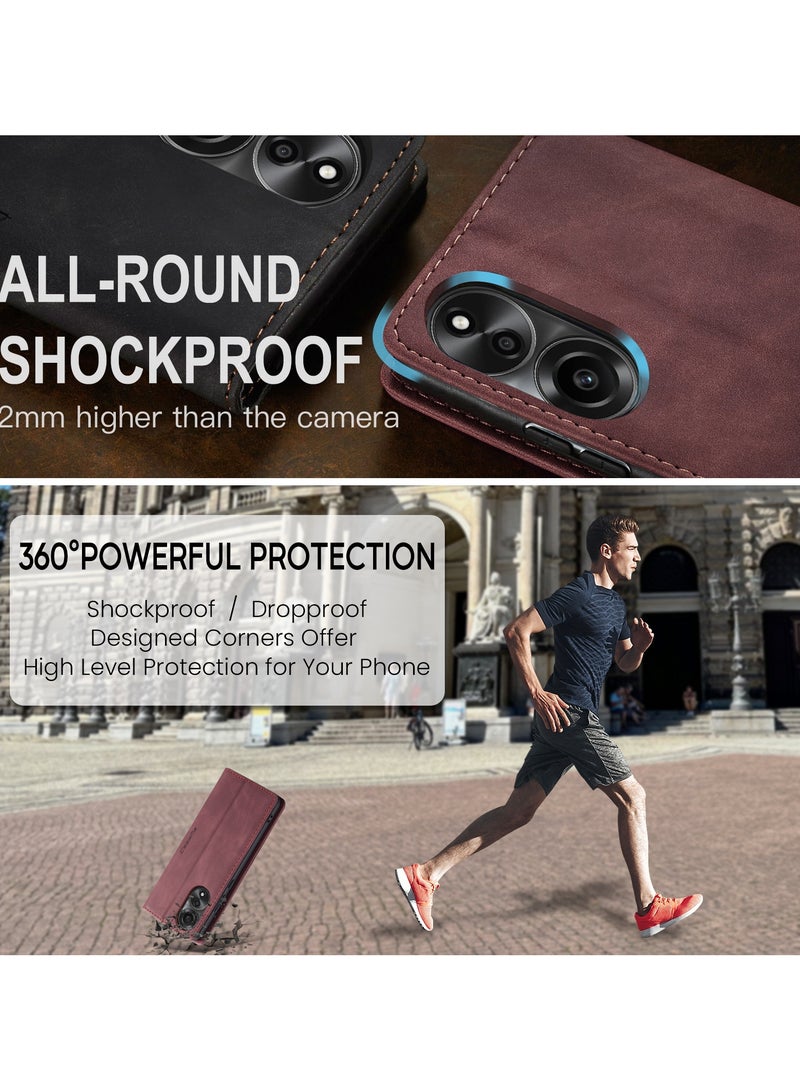 CaseMe Oppo A78 4G Wallet Case Book Folding Flip Folio Case with Magnetic Kickstand Card Slots Protective Cover - Wine Red - Image 2