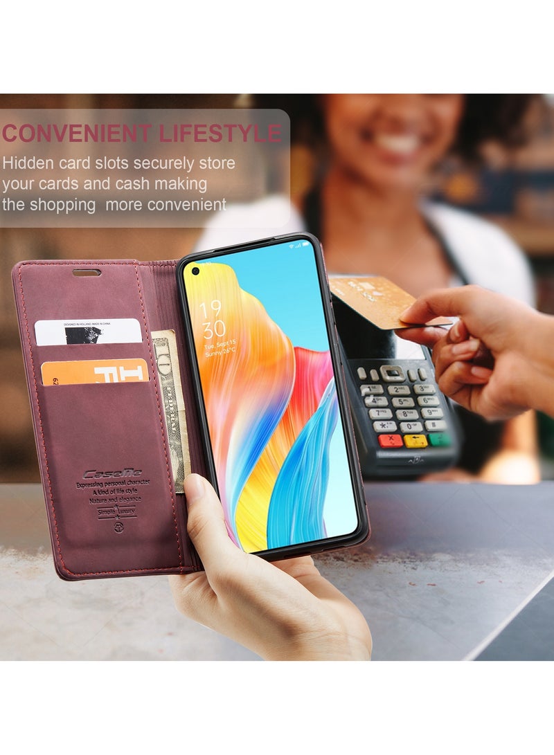 CaseMe Oppo A78 4G Wallet Case Book Folding Flip Folio Case with Magnetic Kickstand Card Slots Protective Cover - Wine Red - Image 3