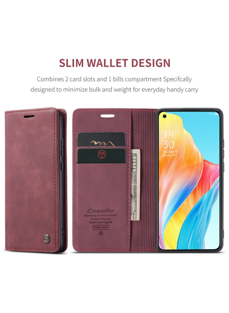 CaseMe Oppo A78 4G Wallet Case Book Folding Flip Folio Case with Magnetic Kickstand Card Slots Protective Cover - Wine Red - Image 5