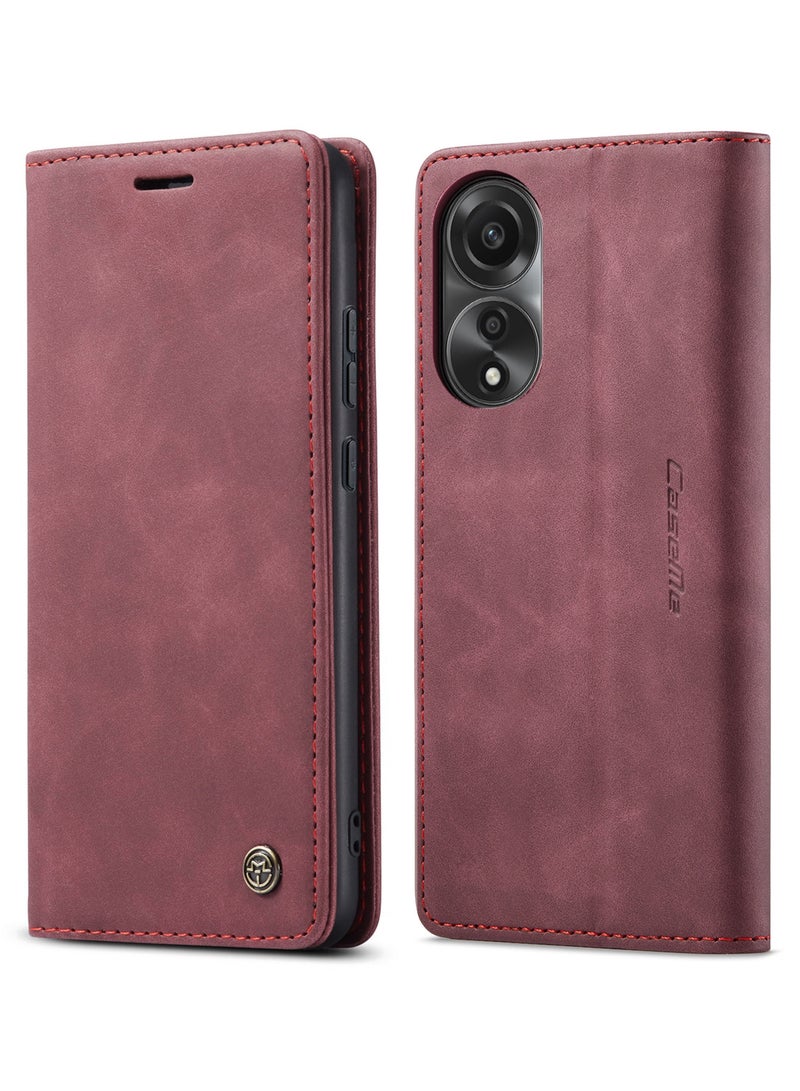 CaseMe Oppo A78 4G Wallet Case Book Folding Flip Folio Case with Magnetic Kickstand Card Slots Protective Cover - Wine Red - Image 4