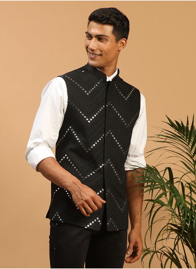 PRASHA - Men's Black Mirror Work Nehru Jacket - Image 1