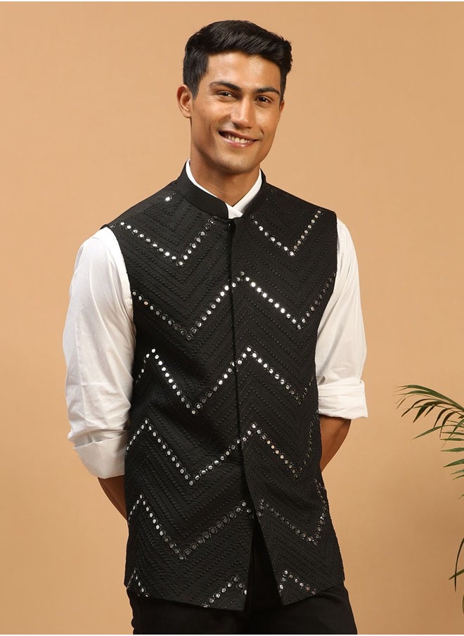 PRASHA - Men's Black Mirror Work Nehru Jacket - Image 1