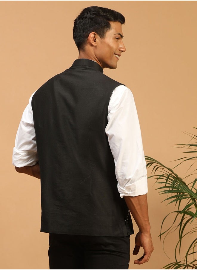 PRASHA - Men's Black Mirror Work Nehru Jacket - Image 1