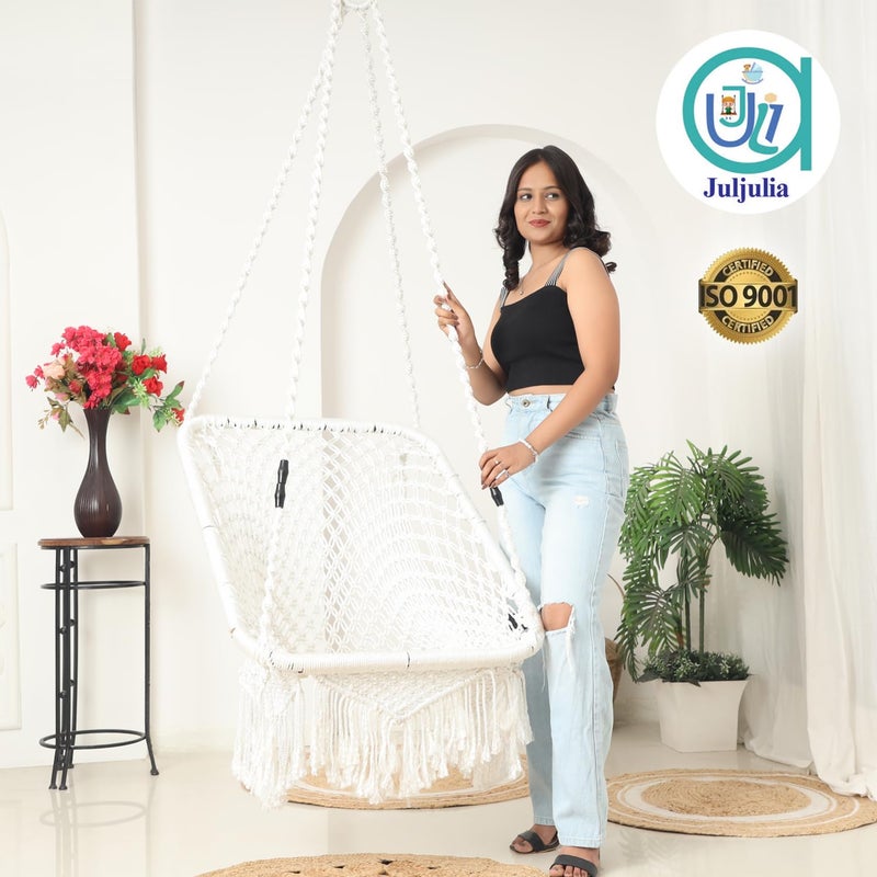 JULJULIA Hammock Swing Hanging Chair uyyala jula for Adult Kids Indoor Outdoor Balcony Sturdy Cotton Rope Swing Chair for Indoor Outdoor Bedroom White Pack of 01 - Image 4
