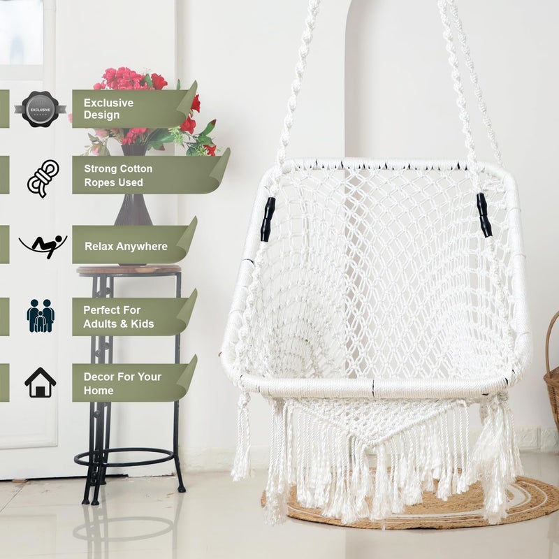 JULJULIA Hammock Swing Hanging Chair uyyala jula for Adult Kids Indoor Outdoor Balcony Sturdy Cotton Rope Swing Chair for Indoor Outdoor Bedroom White Pack of 01 - Image 5