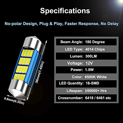 XINYANG 2PCS 6418 LED Car Bulb 1.42in 36mm Festoon LED Light Bulb Super Bright 16-SMD 4014 Chipsets, 6413 C5W 6461 6423 Canbus No Error LED Lamp for Car Interior Map Dome License Plate Lights 6500K White - Image 2