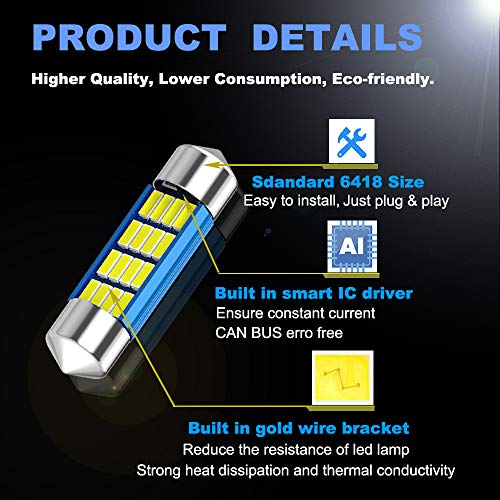 XINYANG 2PCS 6418 LED Car Bulb 1.42in 36mm Festoon LED Light Bulb Super Bright 16-SMD 4014 Chipsets, 6413 C5W 6461 6423 Canbus No Error LED Lamp for Car Interior Map Dome License Plate Lights 6500K White - Image 4