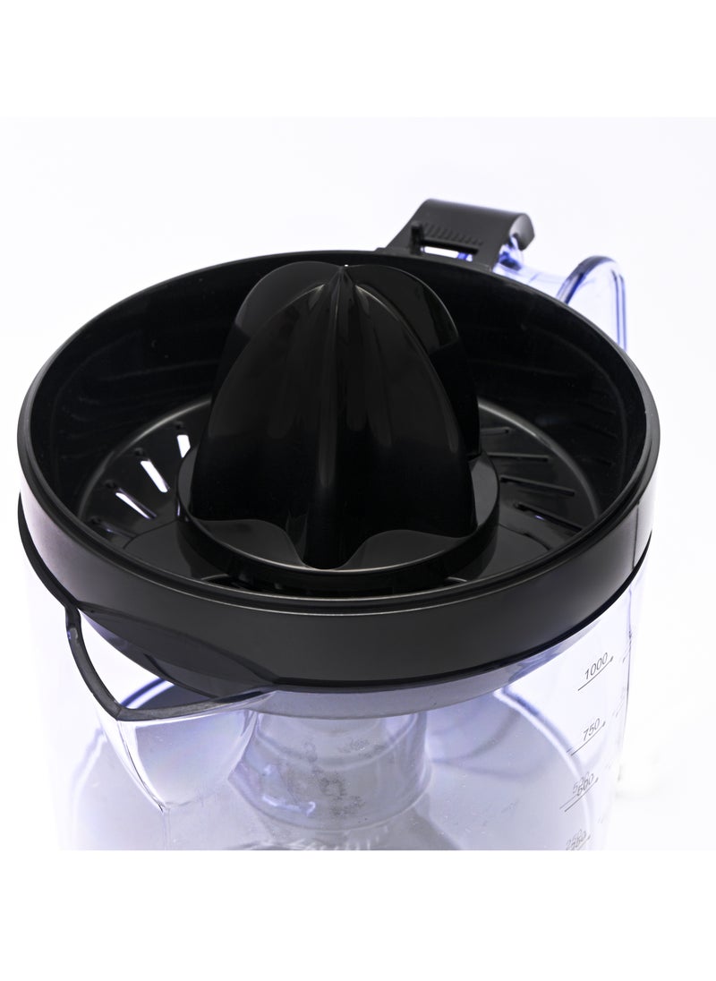 Home - Power Juicer: 220/240V - 60/50Hz - 40 Watt. Capacity: 1 liter. 2 pressure cone. Rotate in two directions. They are distinguished by the presence of a colander in them. Automatic shutdown when pressure is off. - Image 1