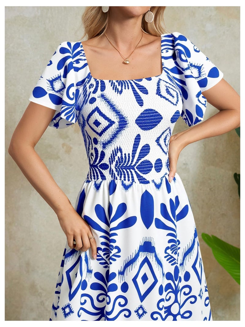 MakeMeChic Women's Floral Print Layered Short Sleeve Square Neck Ruffle High Waist A Line Summer Long Dress Blue and White M - Image 3