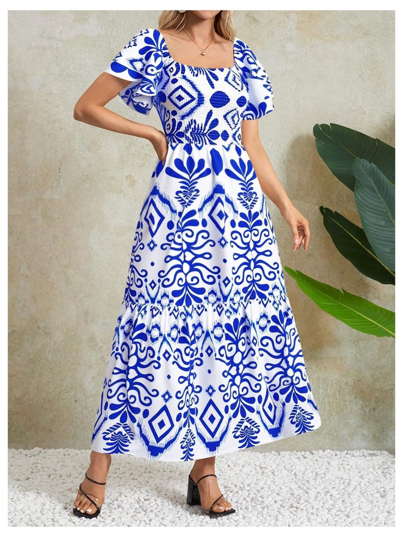 MakeMeChic Women's Floral Print Layered Short Sleeve Square Neck Ruffle High Waist A Line Summer Long Dress Blue and White M - Image 5