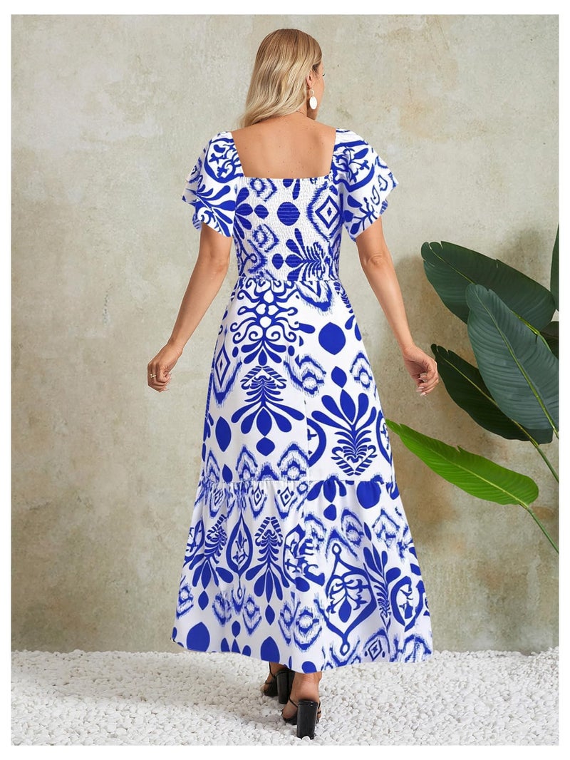 MakeMeChic Women's Floral Print Layered Short Sleeve Square Neck Ruffle High Waist A Line Summer Long Dress Blue and White M - Image 2