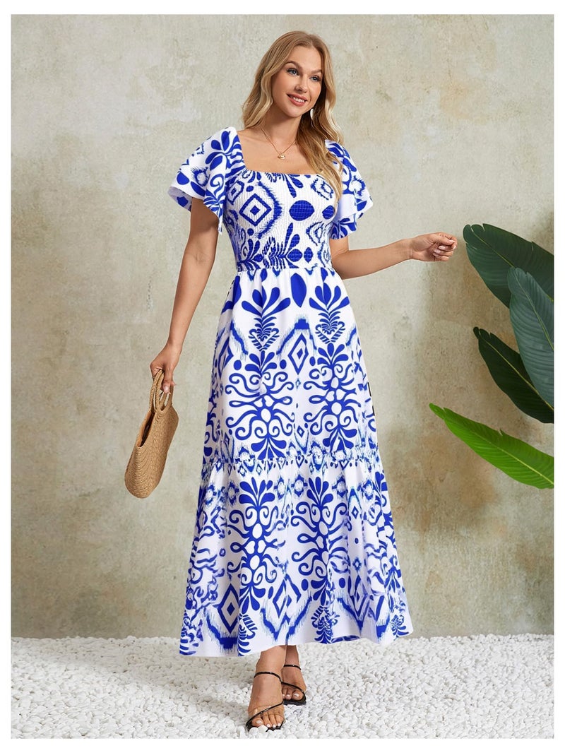 MakeMeChic Women's Floral Print Layered Short Sleeve Square Neck Ruffle High Waist A Line Summer Long Dress Blue and White M - Image 4