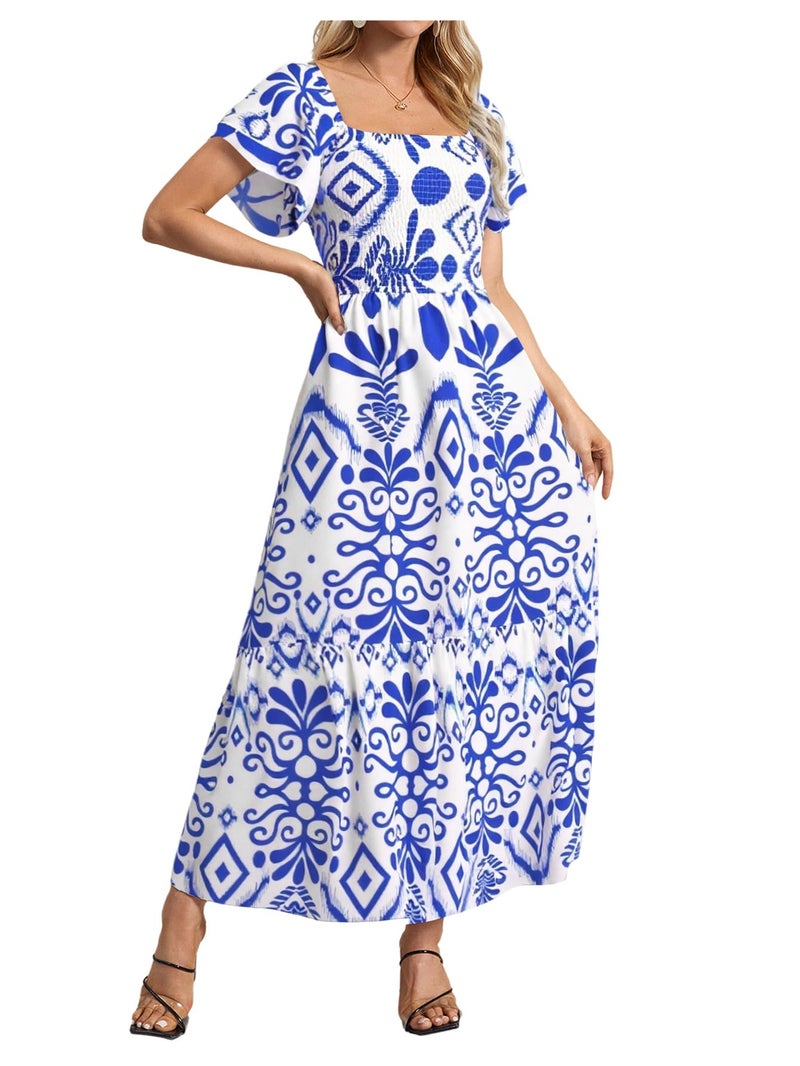 MakeMeChic Women's Floral Print Layered Short Sleeve Square Neck Ruffle High Waist A Line Summer Long Dress Blue and White M - Image 1