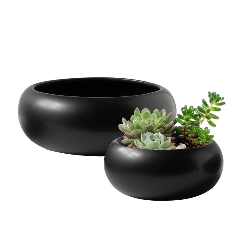 Royal Imports Flower Ceramic Vase Bowl Terrarium Succulent Planter Air Plant Display Decorative Centerpiece Floral Container for Home or Wedding Set of 2 Black