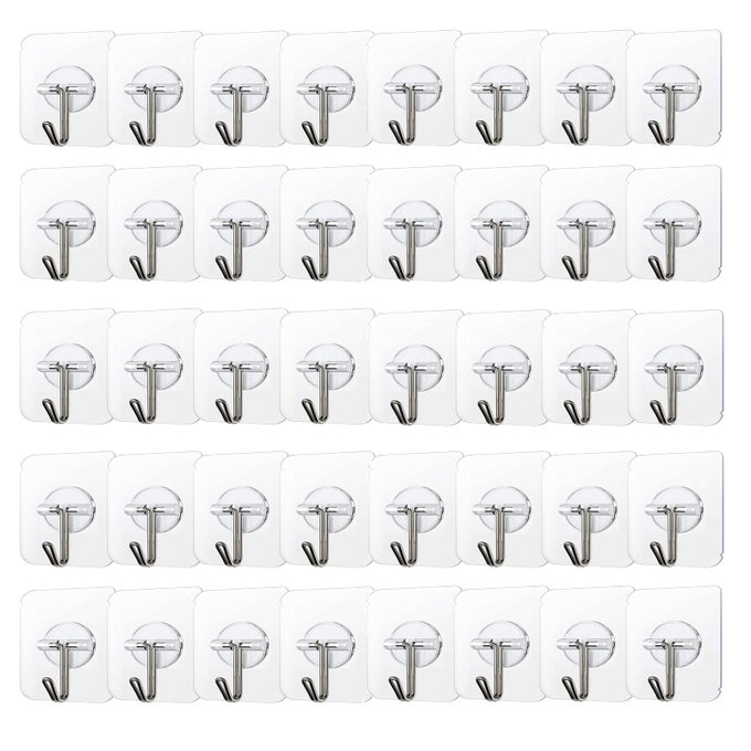 100 PACK ADHESIVE HOOKS 24LBMAX HEAVY DUTY SELF ADHESIVE HOOKS TRANSPARENT REUSABLE SEAMLESS ADHESIVE WALL HOOKS FOR KITCHENS BATHROOM OFFICE