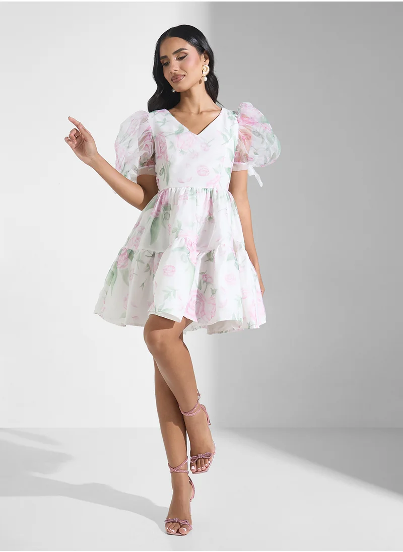 Ginger Boutique Puff Sleeves Floral Jacquard Dress