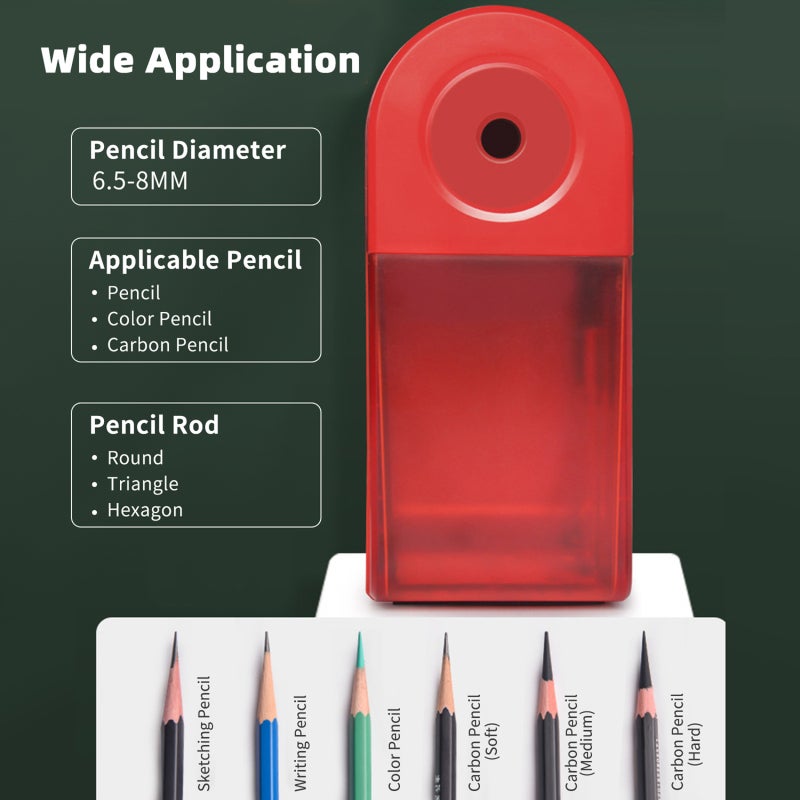Manual Pencil Sharpener: Red Hand Crank With Automatic Pen In Out, Adjustable 10 Sharpness Levels - Replaceable Alloy Blade, Double-Sided Lead Grind Design for Kids, Students, Teachers, Artists - Image 3