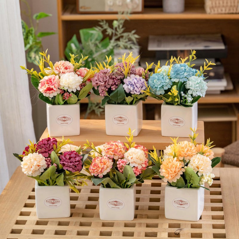 Donmills 6Pcs Artificial Flowers with Ceramic Pot Small Fake Hydrangea Flowers Arrangements Faux Spring Flowers in Vase Home Spring Decor, Centerpiece Table Decorations for Farmhouse Office Shelf Dining Table - Image 2