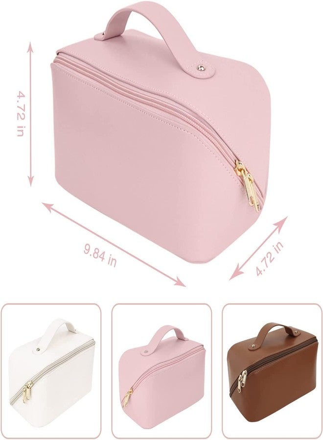 W2S Large Capacity Cosmetic Travel Bag, Women's Makeup Travel Accessory, Cosmetic Bag Portable Leather, Makeup Bags with Handle & Divider, Wide Opening Cosmetic/Makeup Organizer (Pink) - Image 4