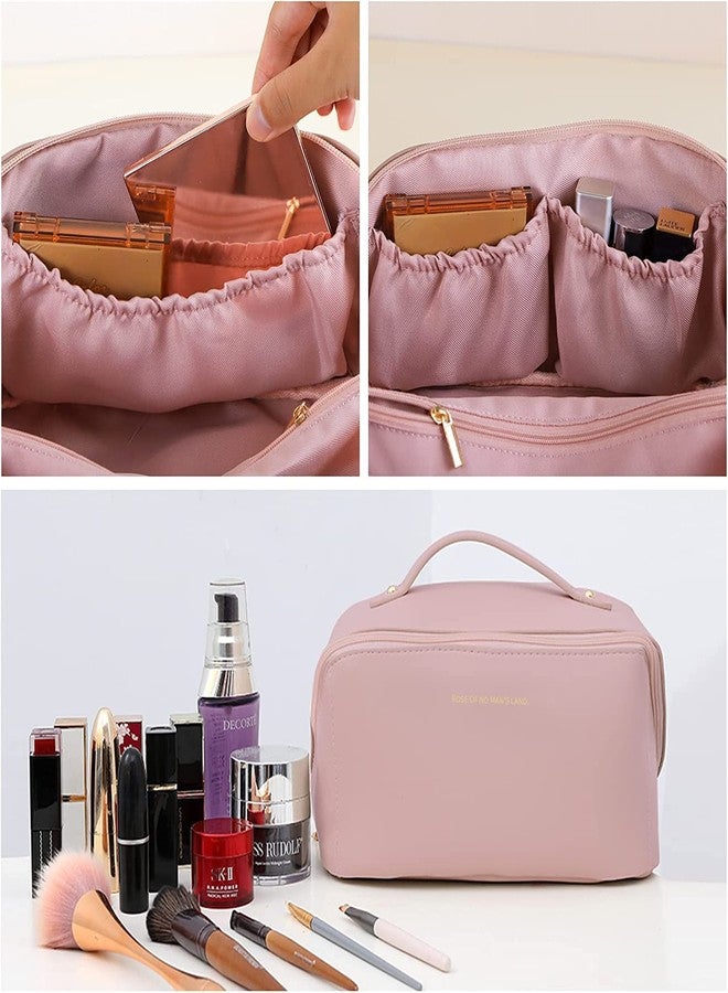 W2S Large Capacity Cosmetic Travel Bag, Women's Makeup Travel Accessory, Cosmetic Bag Portable Leather, Makeup Bags with Handle & Divider, Wide Opening Cosmetic/Makeup Organizer (Pink) - Image 2