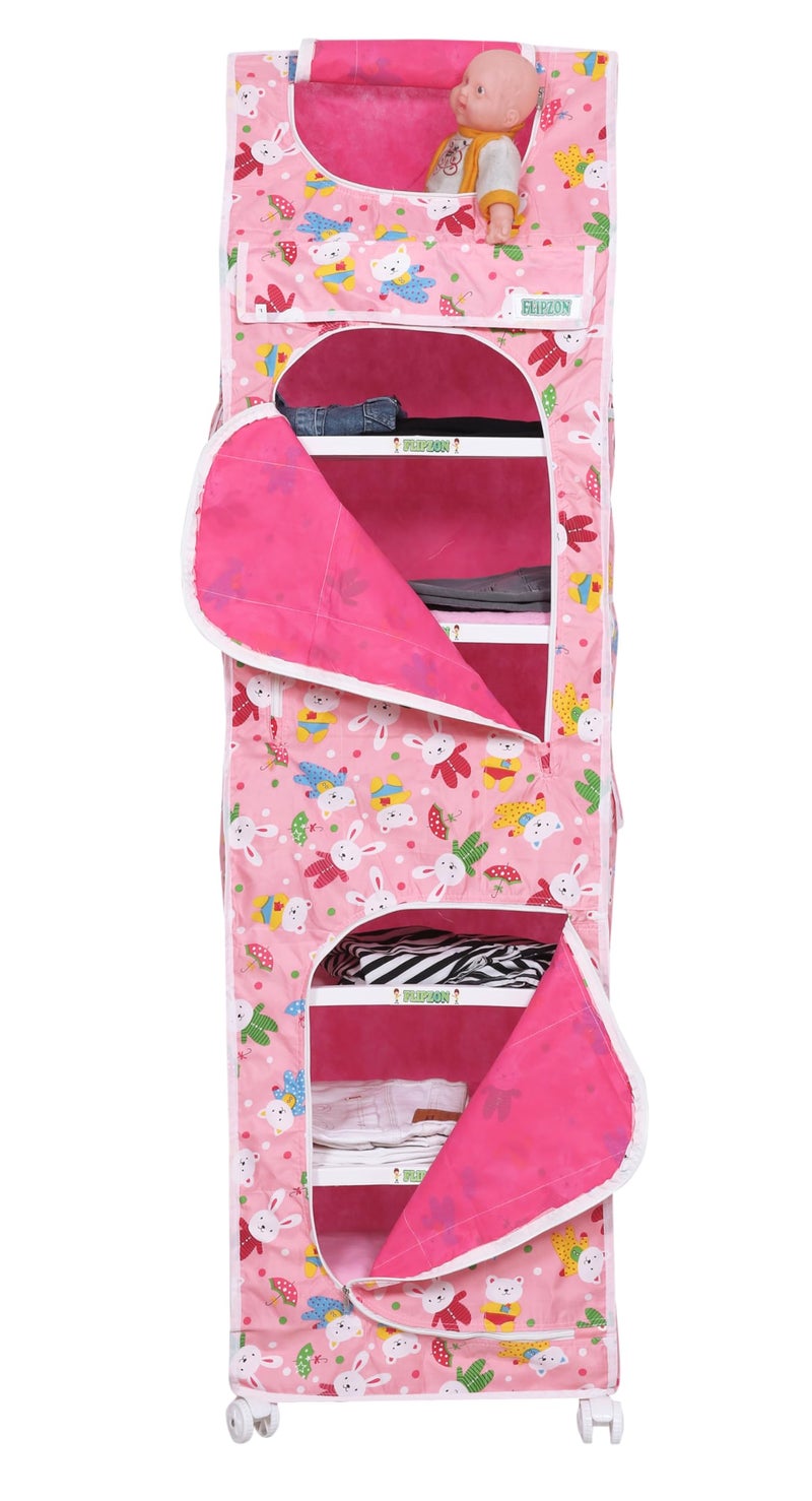FLIPZON XXL Plastic Multipurpose 7 Shelve Baby Wardrobe, Foldable, (Unbreakable Material) (Rabbit Pattern - Pink) - Image 5