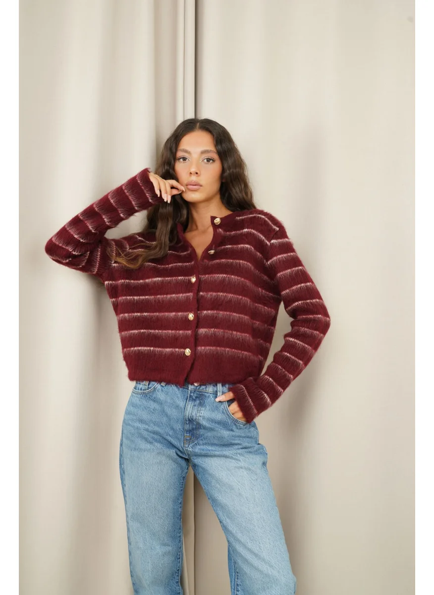 Senin Olsun Claret Red Striped Cardigan