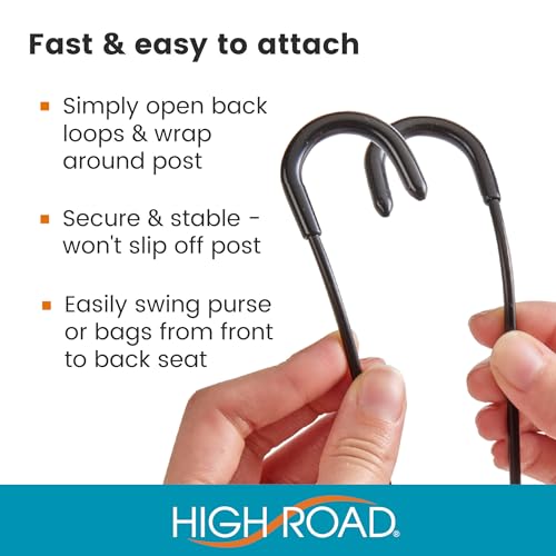 High Road Car Hooks for Purses and Bags with Leather Trim - Unbreakable Car Seat Hooks for Large Purse Straps and Heavy Bags up to 40 lbs - Secure Attachment Loops Fit All Headrest Posts, 2-Pack - Image 4