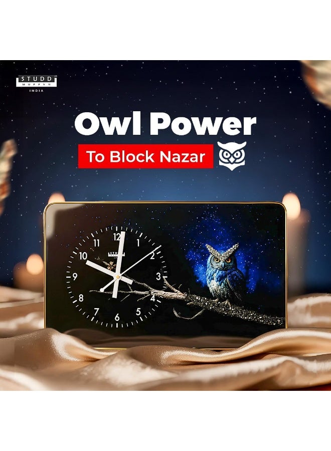 Studd Muffyn | Nazar Protection Owl Wall Clock with Pyrite & Black Tourmaline | Vastu Decorative Wall Clock for Home & Office | Luxury Crystal Wall Décor - Image 4