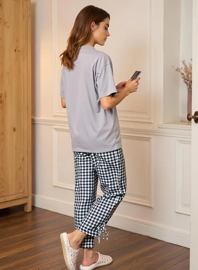 Take Two Grey Short Sleeve T-Shirt and Checked Pyjama Set