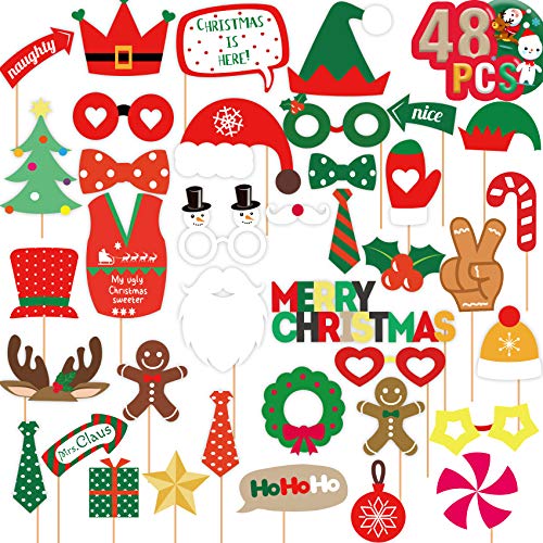 Joy Bang Christmas Photo Booth Props, 48PCS Christmas Photo Props, Christmas Party Decorations, Holiday Christmas Party Favors Supplies for Kids Adults Christmas Games - Image 1