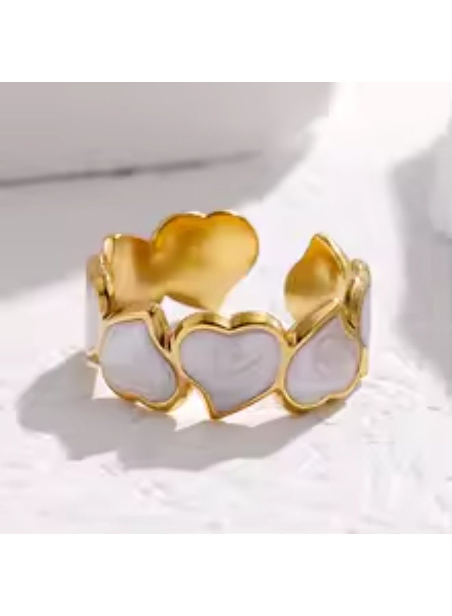 Rwnq Luxury Women's Ring with Interlocking Hearts Design - Gold Plated with Shiny White Enamel - Adjustable to Your Finger Size - Pure Stainless Steel, Water and Rust Resistant - Women's Accessory  - Image 1
