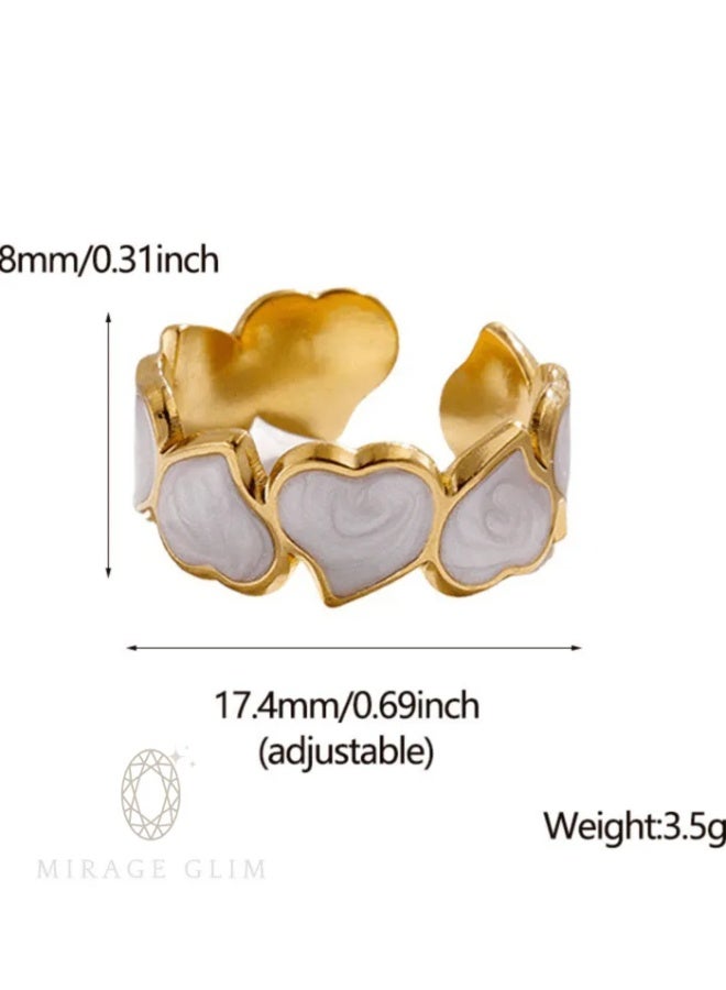 Rwnq Luxury Women's Ring with Interlocking Hearts Design - Gold Plated with Shiny White Enamel - Adjustable to Your Finger Size - Pure Stainless Steel, Water and Rust Resistant - Women's Accessory  - Image 2