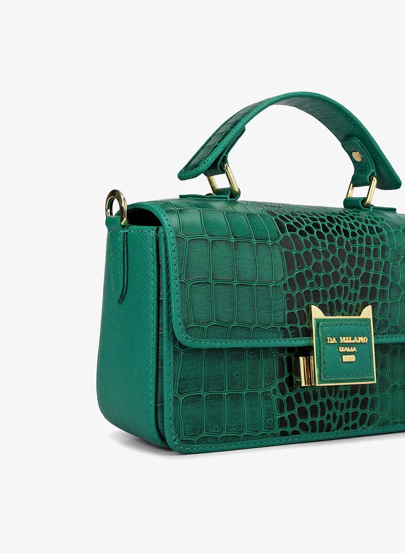 Da Milano Emerald Green Small Croco Leather Satchel - Emerald Green for Women | Best Price UAE
