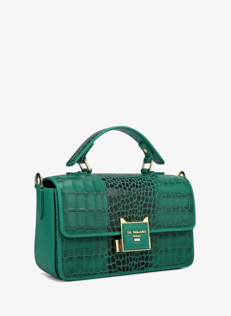 Da Milano Emerald Green Small Croco Leather Satchel - Emerald Green for Women | Best Price UAE