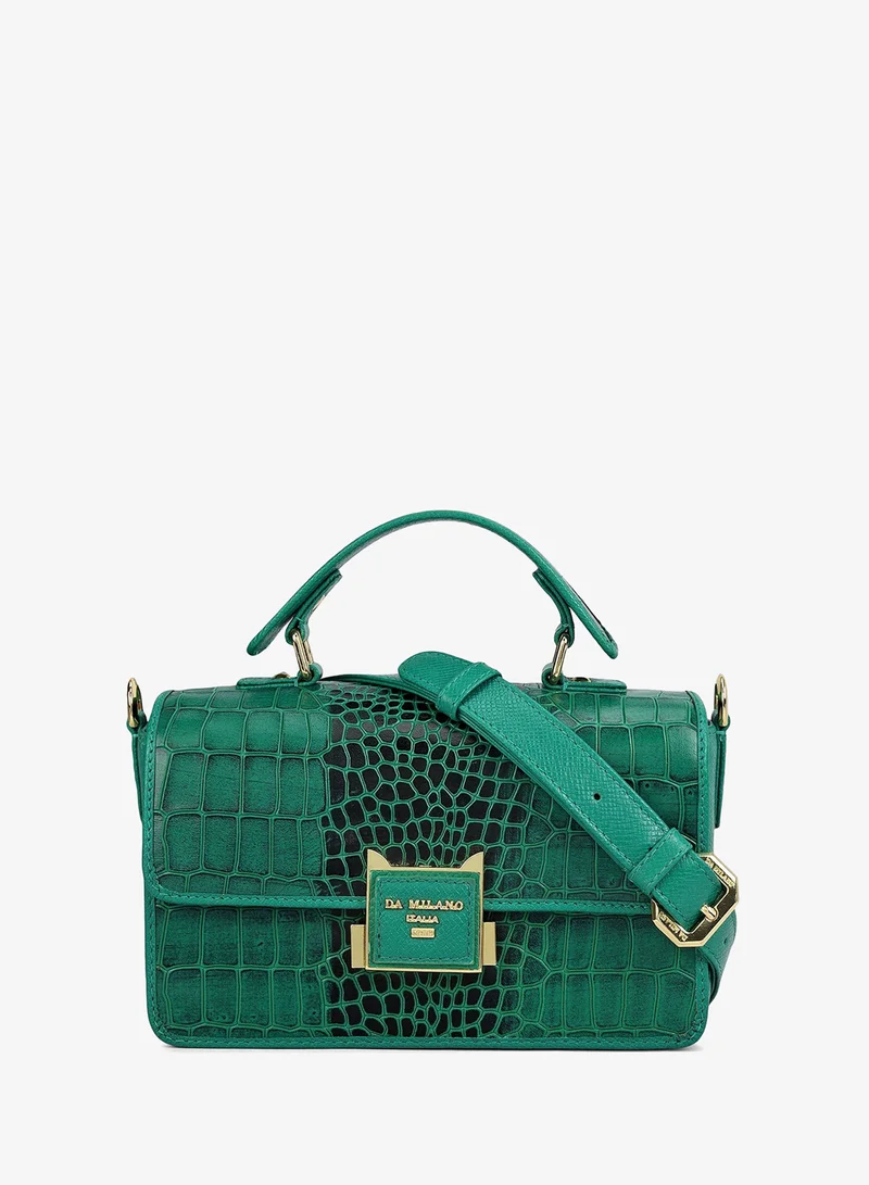 Small Croco Leather Satchel - Emerald Green