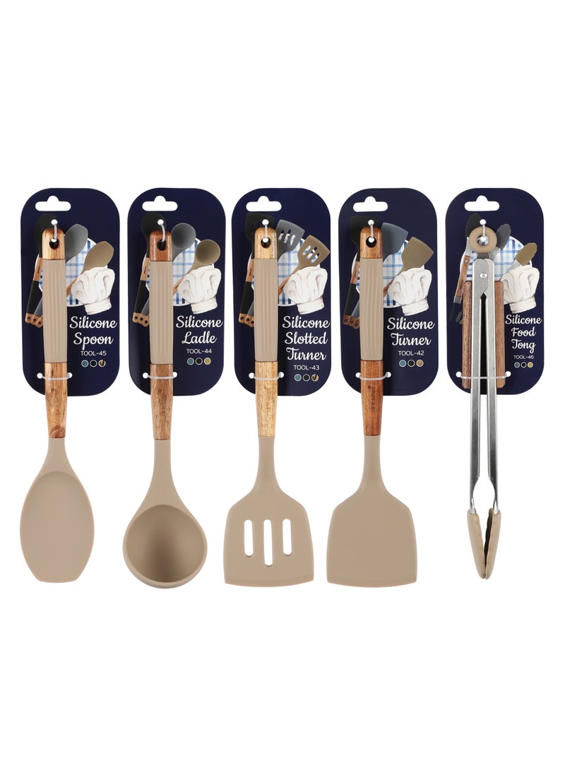Life Smile Lifesmile Silicone Kitchen Utensils Set | Spoon, Ladle, Turner, Slotted Turner & Food Tong | Wooden Handle - Image 1
