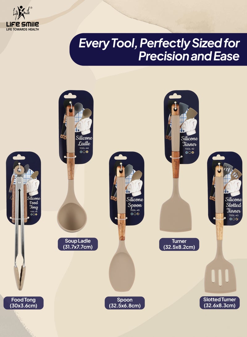 Life Smile Lifesmile Silicone Kitchen Utensils Set | Spoon, Ladle, Turner, Slotted Turner & Food Tong | Wooden Handle - Image 2