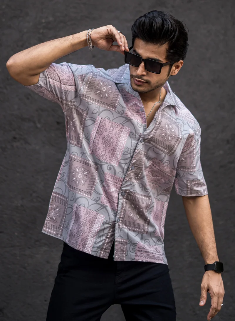 Maniac Maniac Mens All Over Printed Collar Neck Half Sleeve Pink Cotton Oversized Shirt