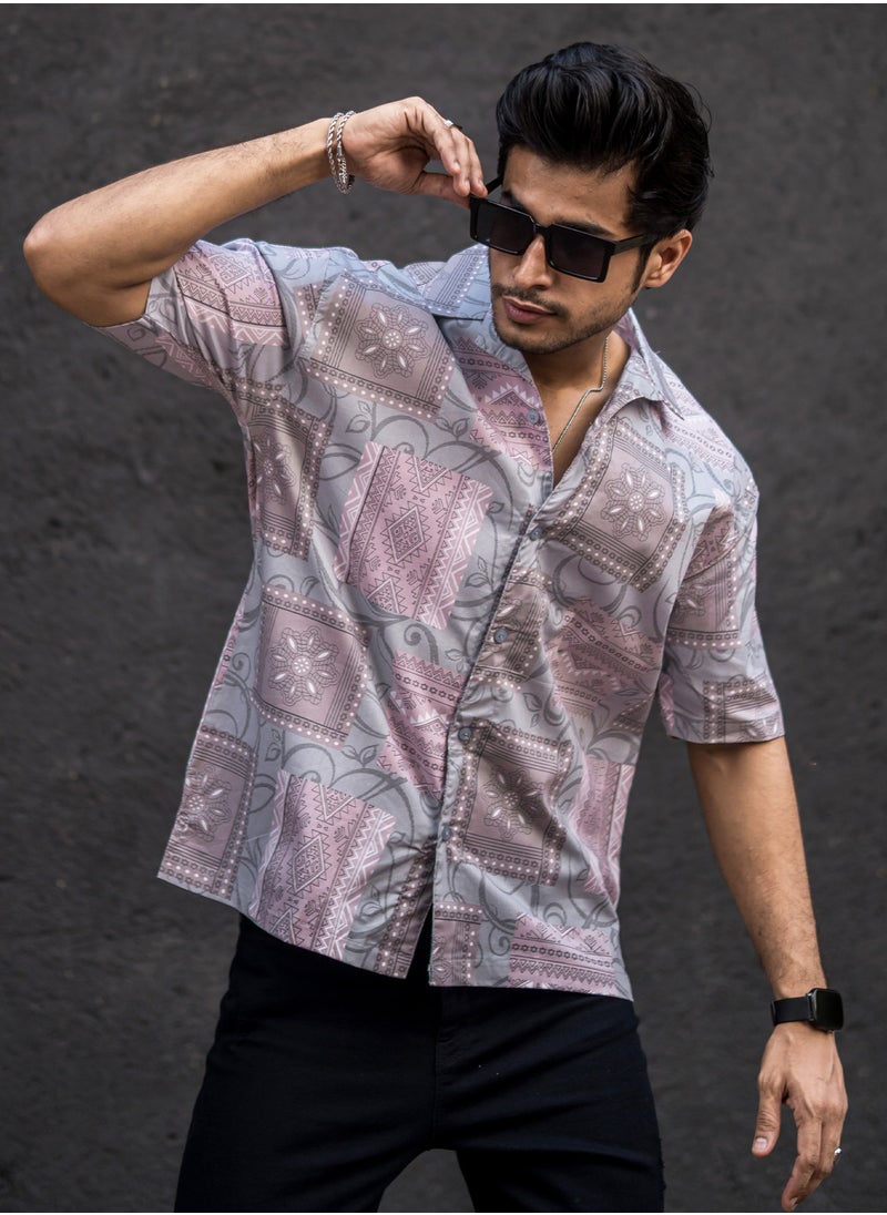 Maniac Maniac Mens All Over Printed Collar Neck Half Sleeve Pink Cotton Oversized Shirt  - Image 1