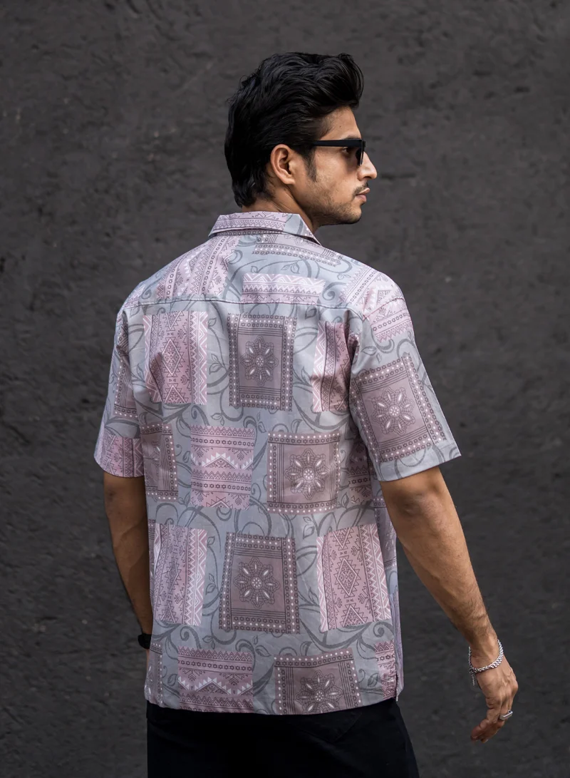 Maniac Maniac Mens All Over Printed Collar Neck Half Sleeve Pink Cotton Oversized Shirt
