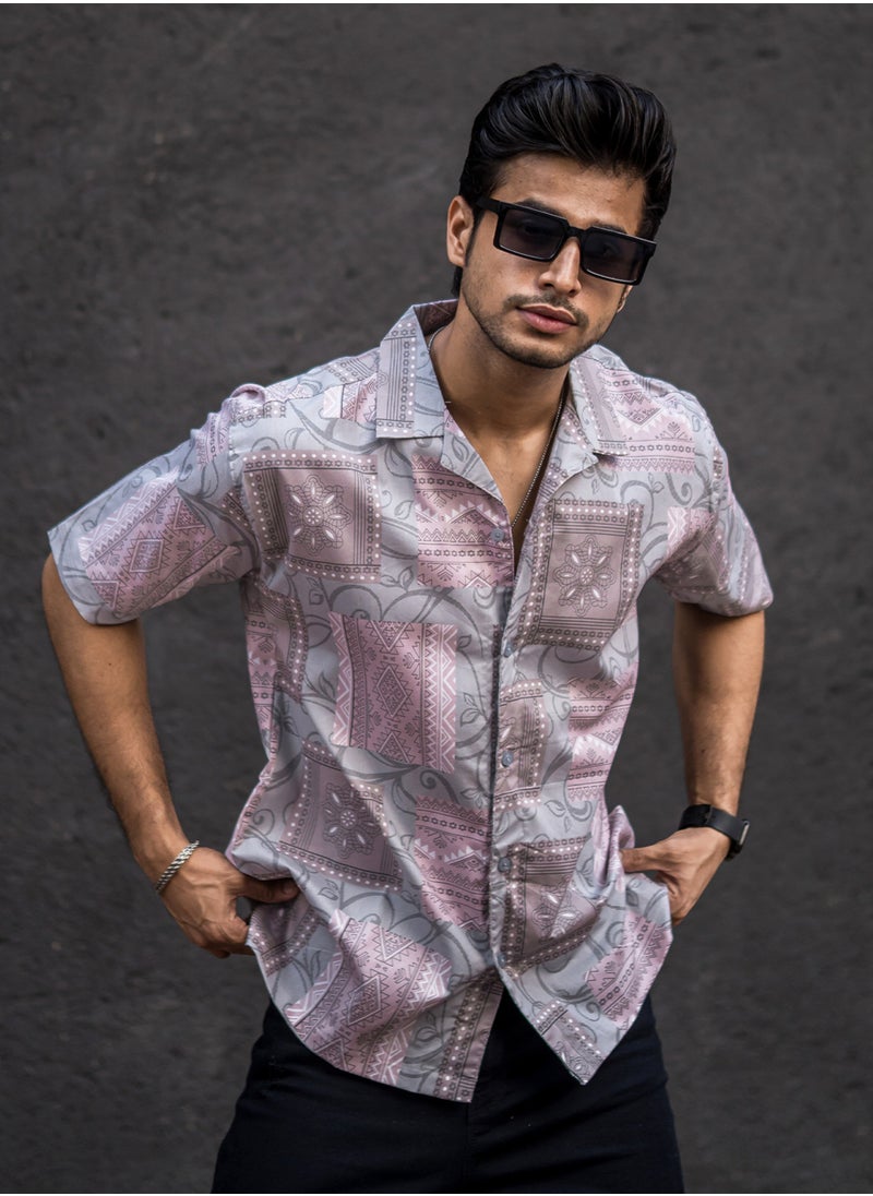 Maniac Maniac Mens All Over Printed Collar Neck Half Sleeve Pink Cotton Oversized Shirt  - Image 2