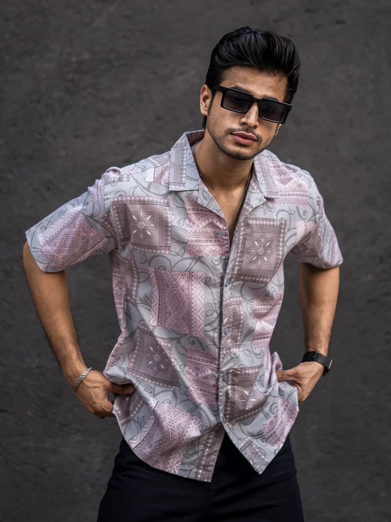 Maniac Maniac Mens All Over Printed Collar Neck Half Sleeve Pink Cotton Oversized Shirt