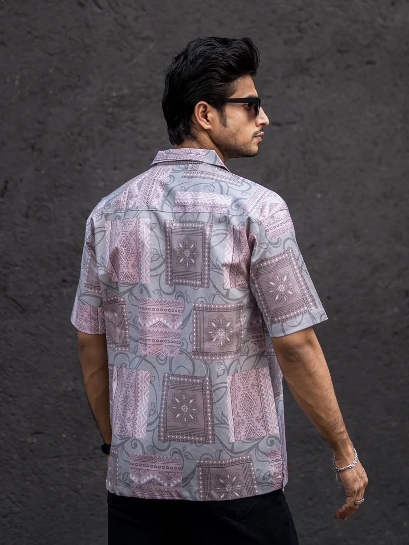 Maniac Maniac Mens All Over Printed Collar Neck Half Sleeve Pink Cotton Oversized Shirt